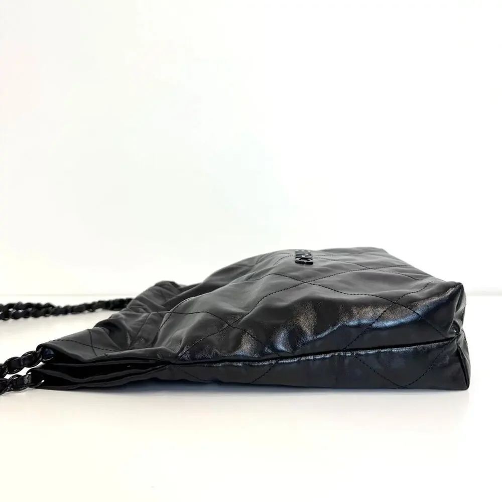 CHANEL 22 So Black Small Quilted Lambskin Tote Logo Shoulder Hobo Bag w Pouch